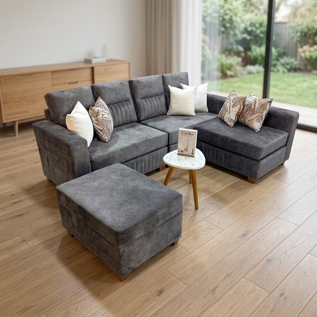 Juego de Sala Seccional Gris con Chaise Longue y Otomán