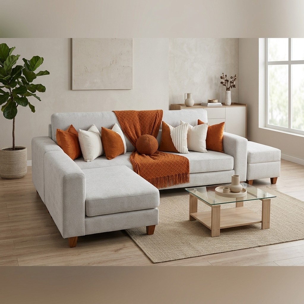 Sofá Seccional Moderno con Chaise y Banqueta Gris