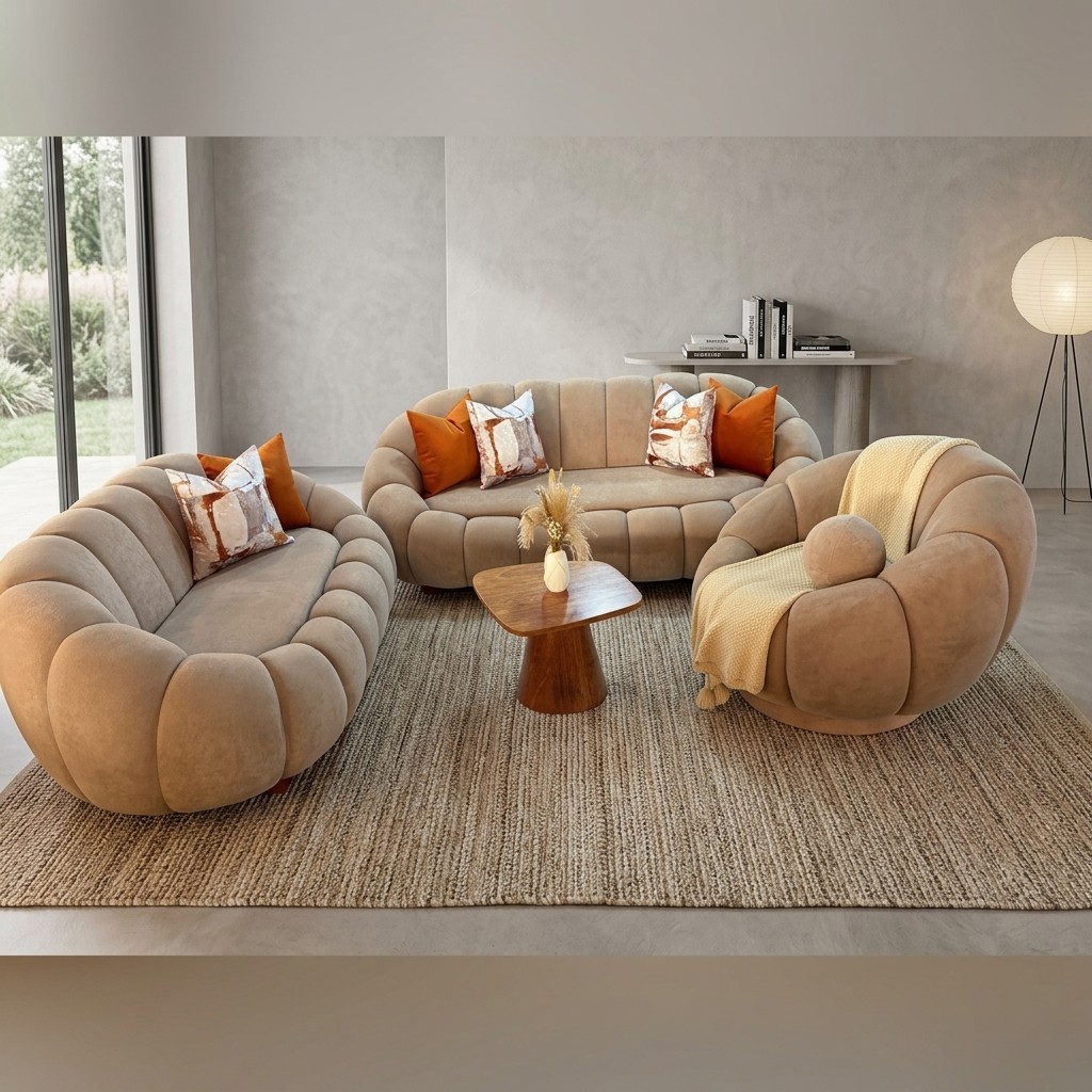 Juego de Sala Curvo Moderno Bubble 3-2-1 Beige
