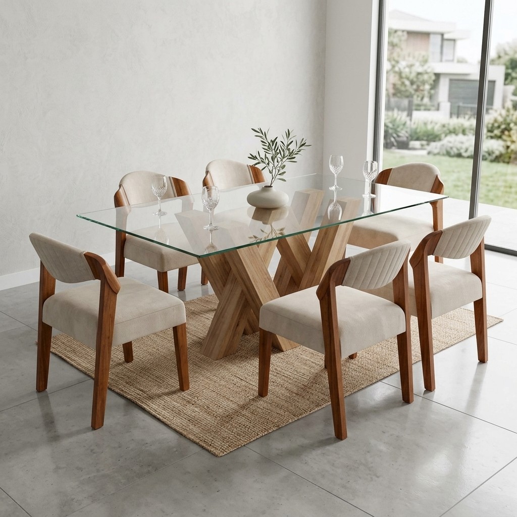 Juego de Comedor Moderno 6 Sillas Tablero de Vidrio