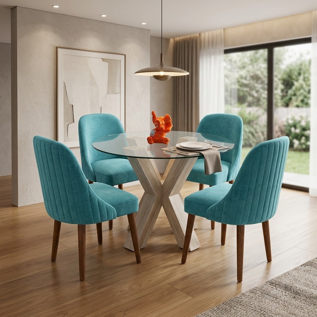 Juego de Comedor Redondo 4 Sillas Turquesa y Vidrio