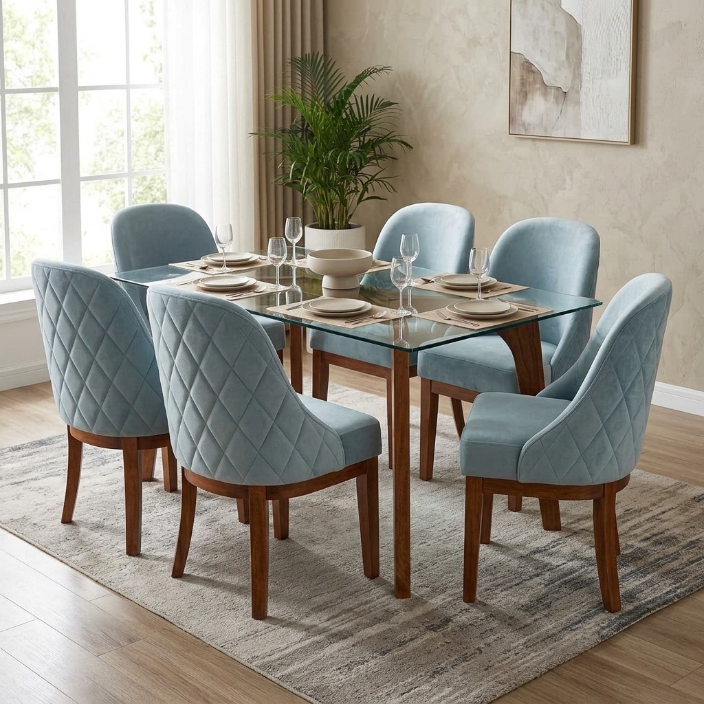 Juego de Comedor 6 Sillas Vidrio y Tapiz Celeste