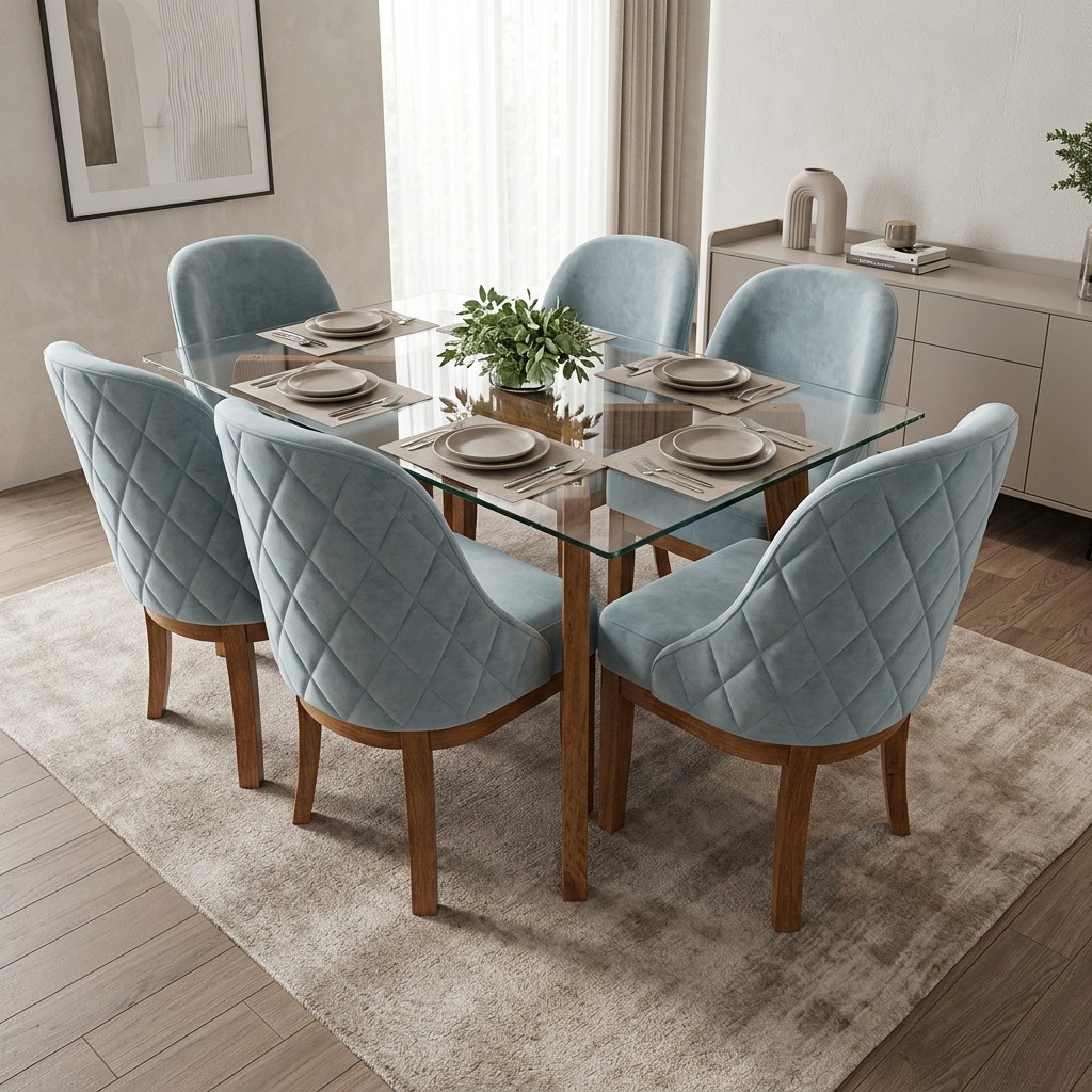 Juego de Comedor 6 Sillas Vidrio y Tapiz Celeste