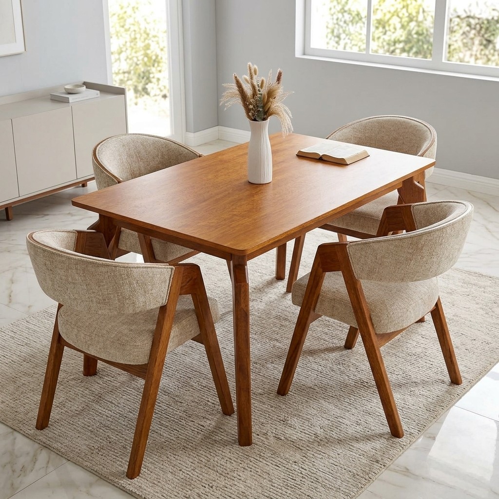 Juego de Comedor Escandinavo 4 Sillas Madera y Tela Beige