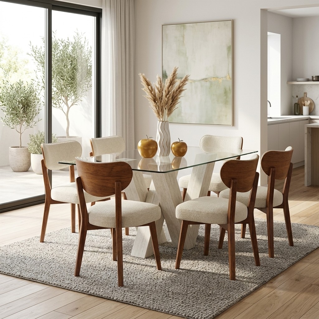 Juego de Comedor 6 Sillas Base W Mármol y Vidrio