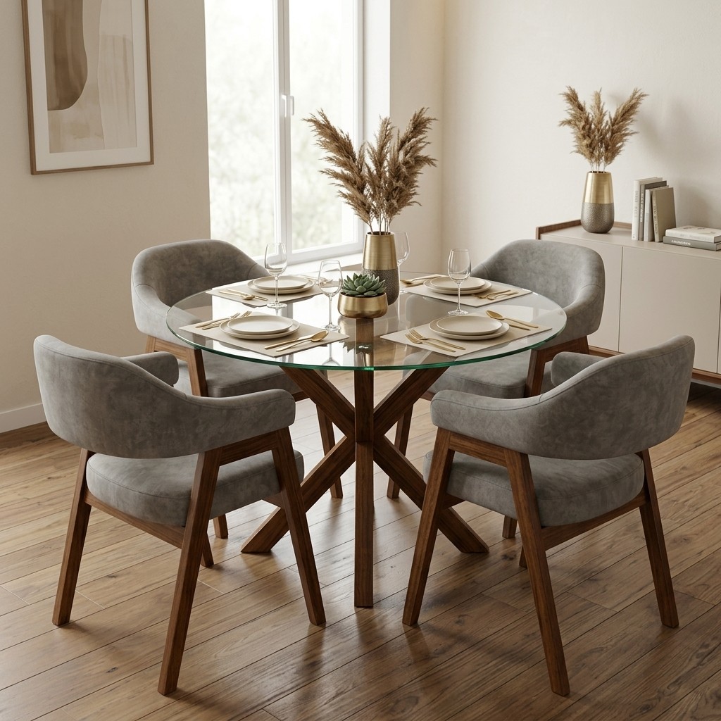 Juego de Comedor Redondo 4 Sillas de Vidrio y Madera
