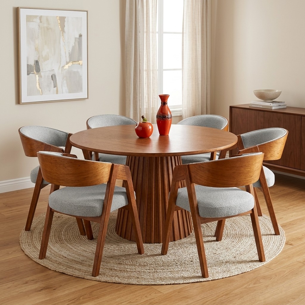 Juego de Comedor Redondo 6 Sillas con Base Acanalada