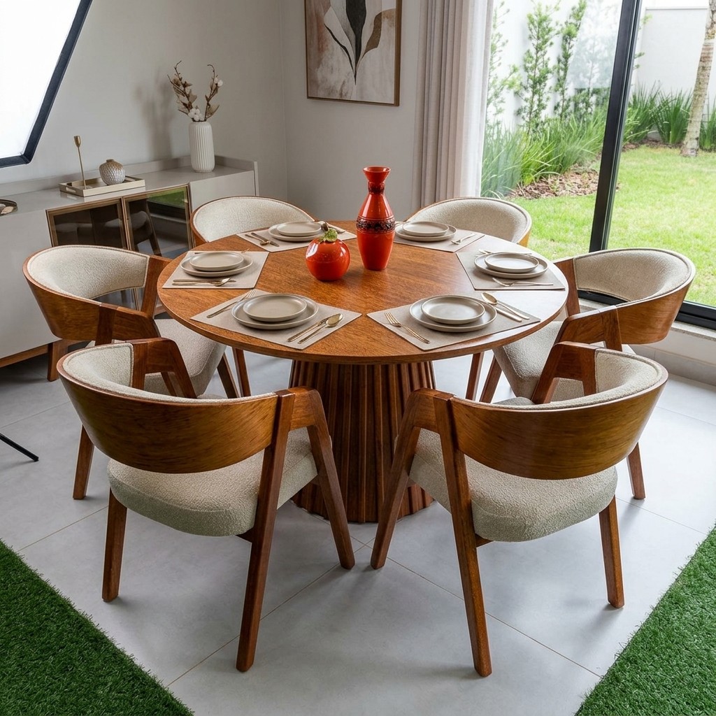 Juego de Comedor Redondo 6 Sillas con Base Acanalada