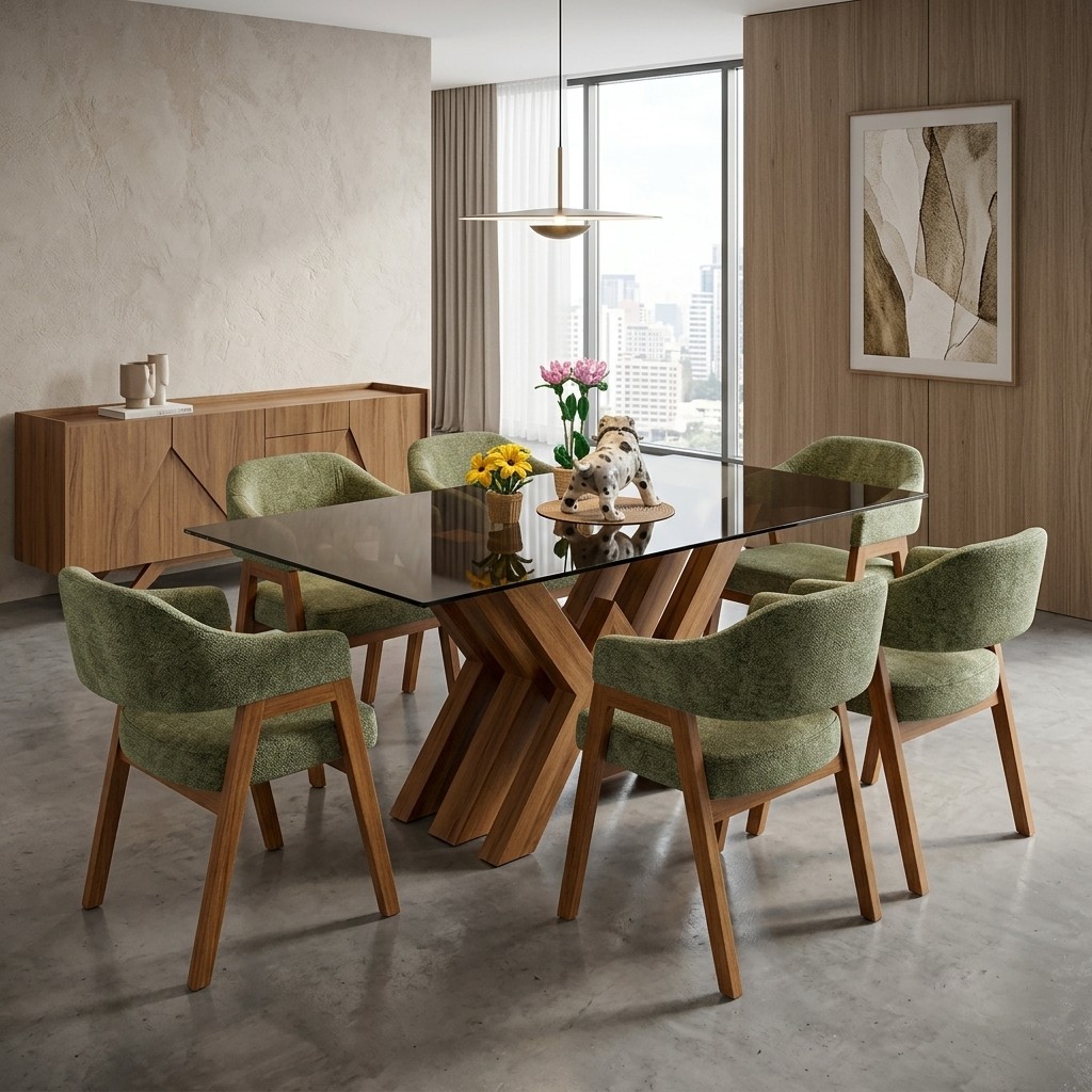 Juego de Comedor 6 Sillas Base W Vidrio Humo y Tapiz Verde