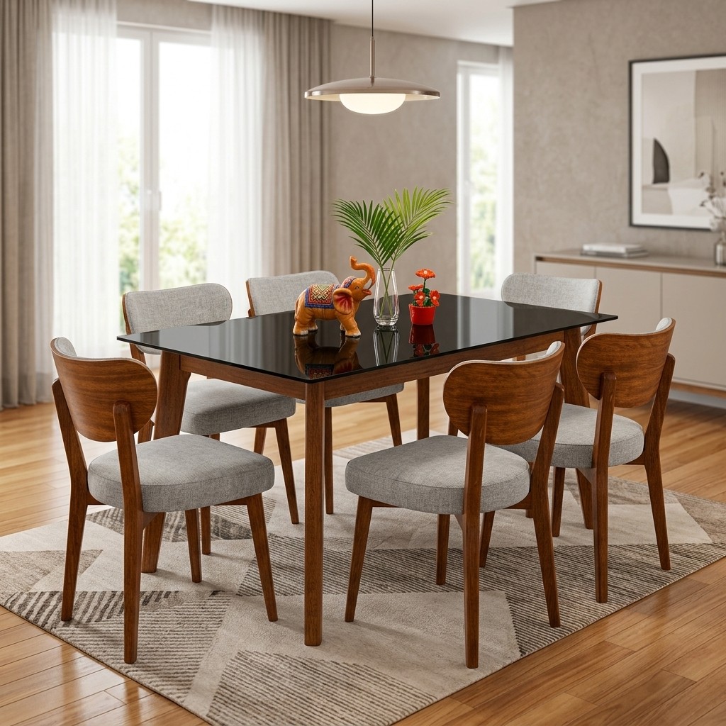 Juego de Comedor 6 Sillas Nogal y Vidrio Negro Moderno