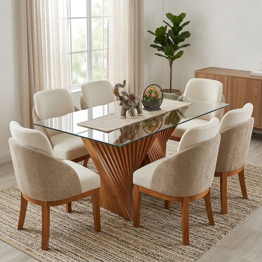 Juego de Comedor 6 Sillas Base Acordeón y Vidrio