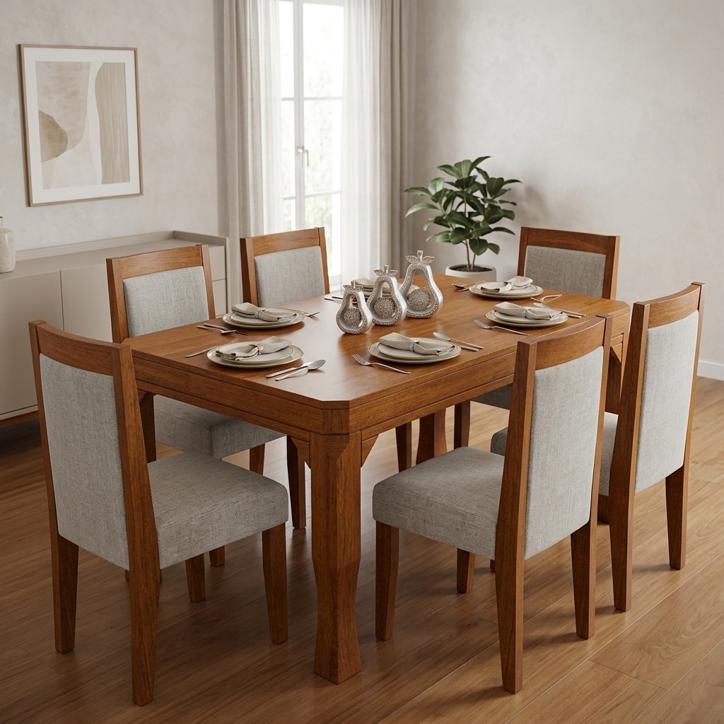 Juego de Comedor 6 Sillas en Madera y Tapiz Neutro