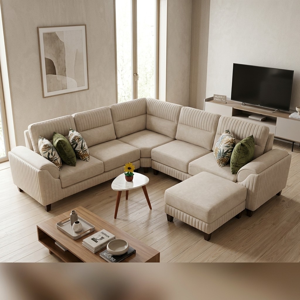 Juego de Sala Seccional Modular con Otomán Beige