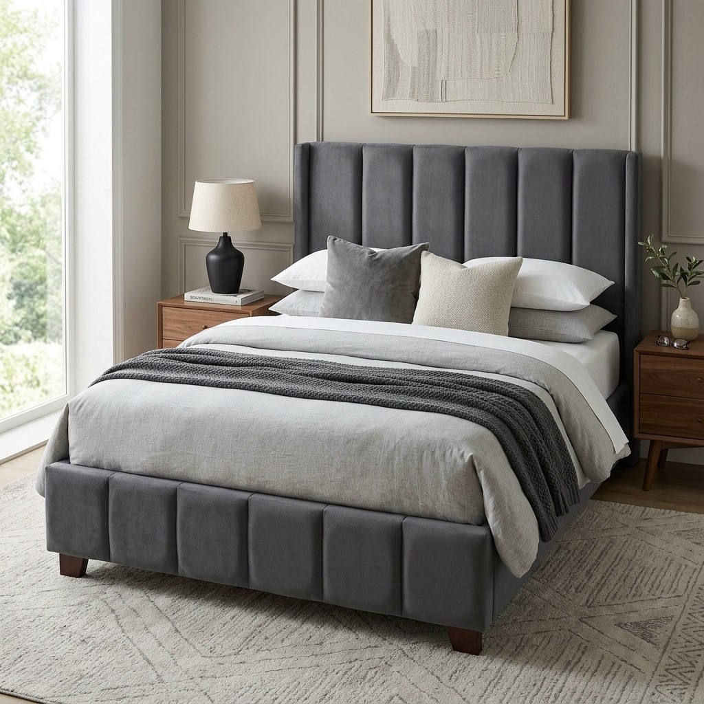 Cama Tapizada 2 Plazas Acolchada Gris Moderno