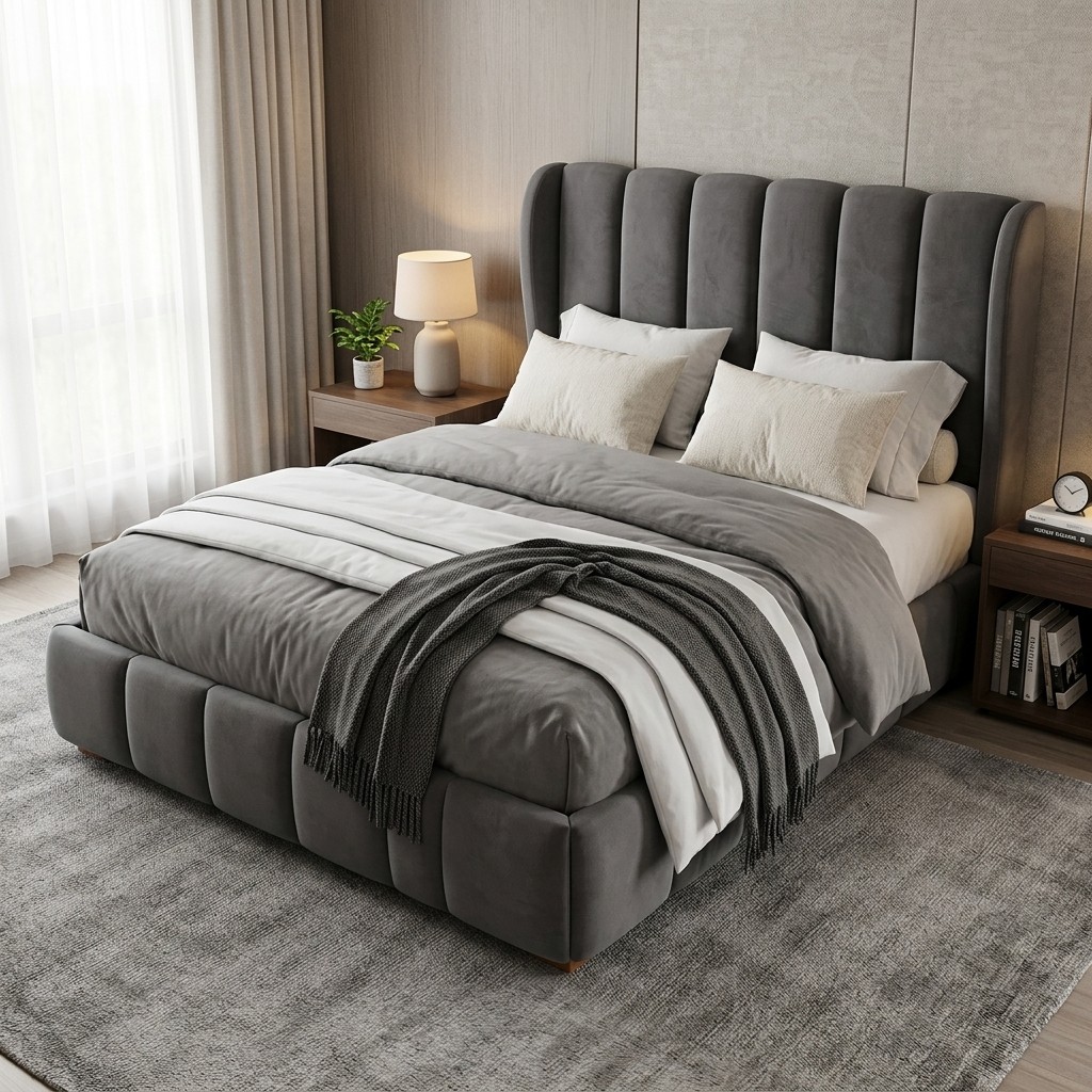 Cama Tapizada 2 Plazas Acolchada Gris Moderno
