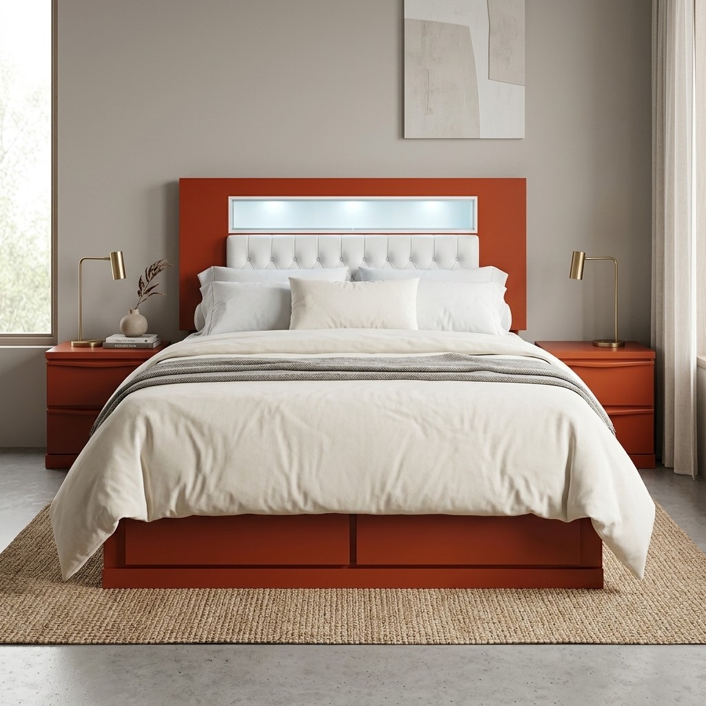 Cama 2 Plazas Moderna con Cabecera LED y Cajones
