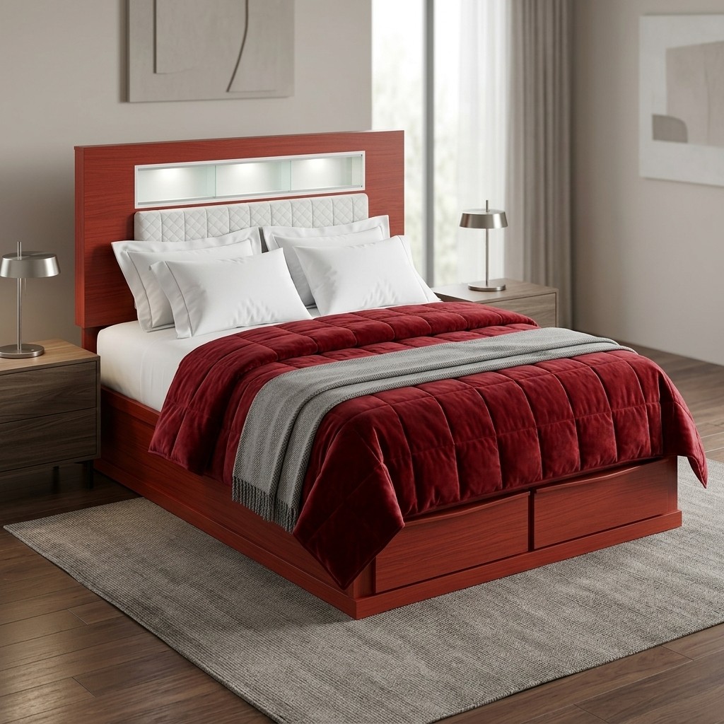 Cama 2 Plazas Moderna con Cabecera LED y Cajones