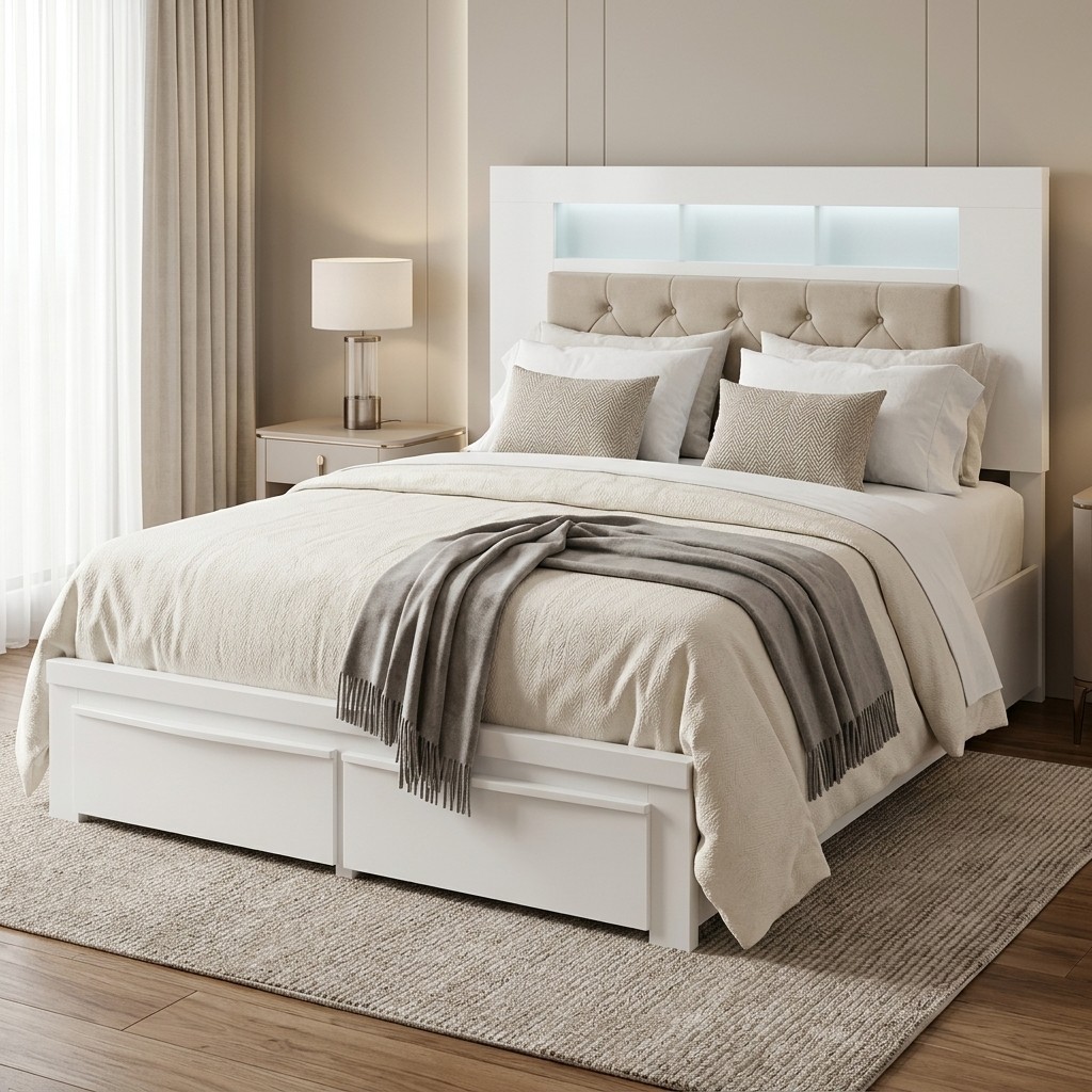 Cama 2 Plazas Multifuncional Blanca con Cajones y LED