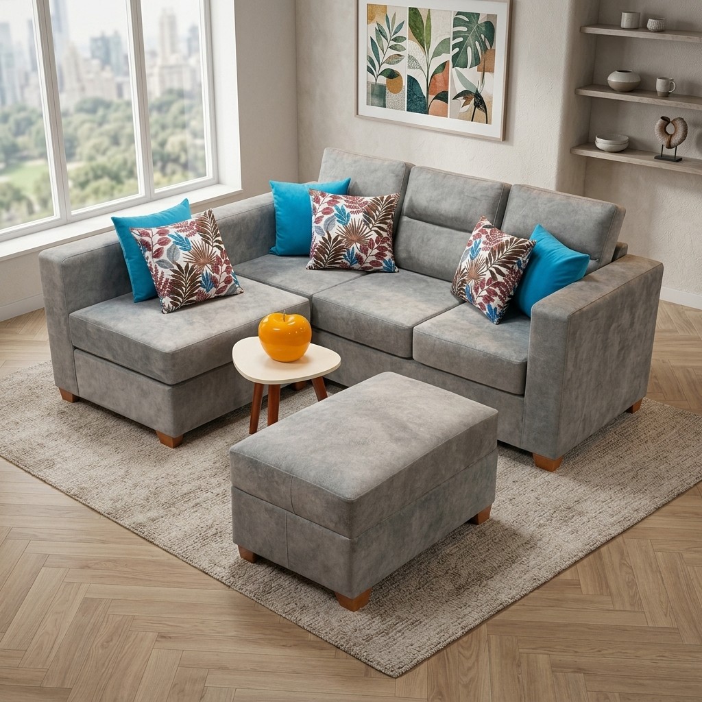 Juego de Sala Seccional Mini Gris con Otomán