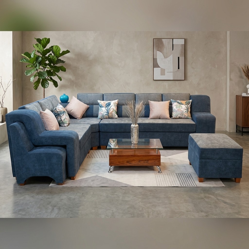 Juego de Sala Seccional Moderno + Otomán Azul Petróleo