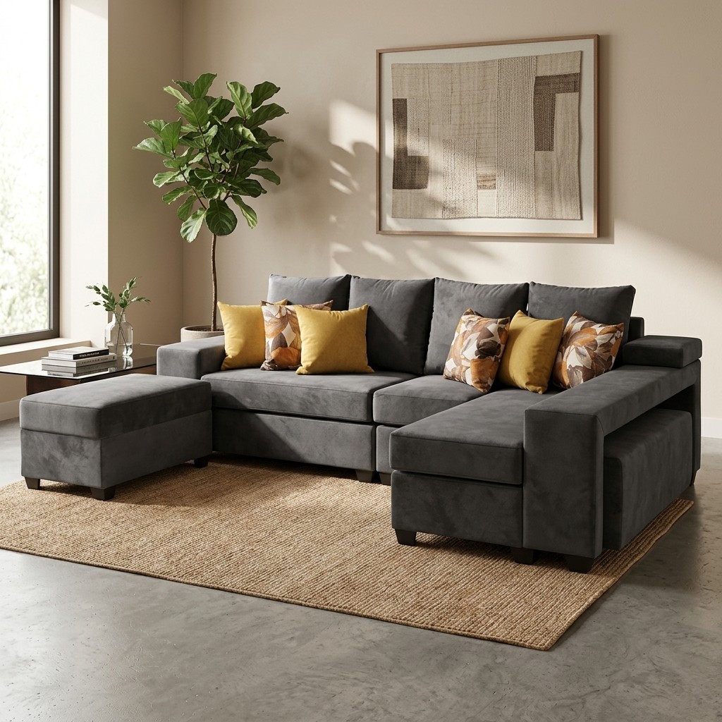 Juego de Sala Seccional Modular con Chaise y Otomán Gris