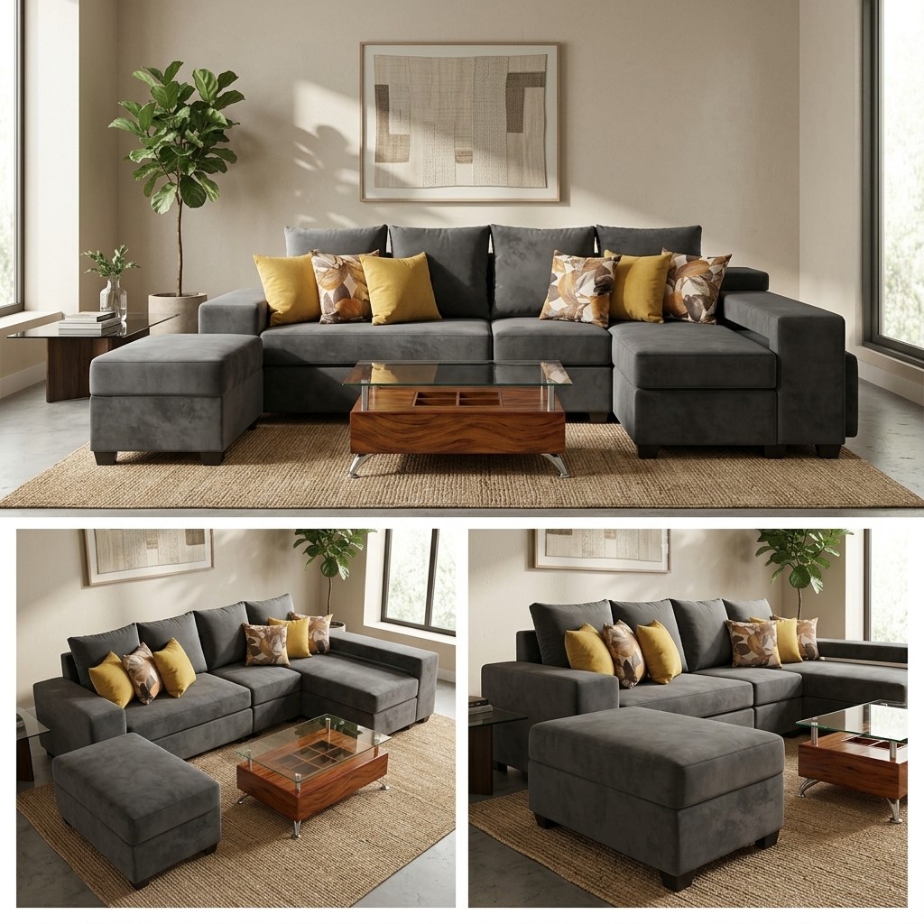 Juego de Sala Seccional Modular con Chaise y Otomán Gris