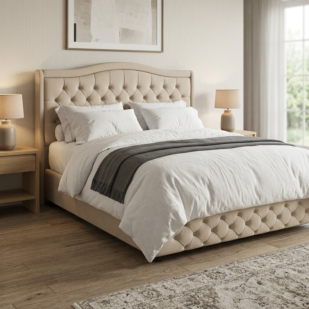 Cama King Size Tapizada con Cabecero Capitoné Beige