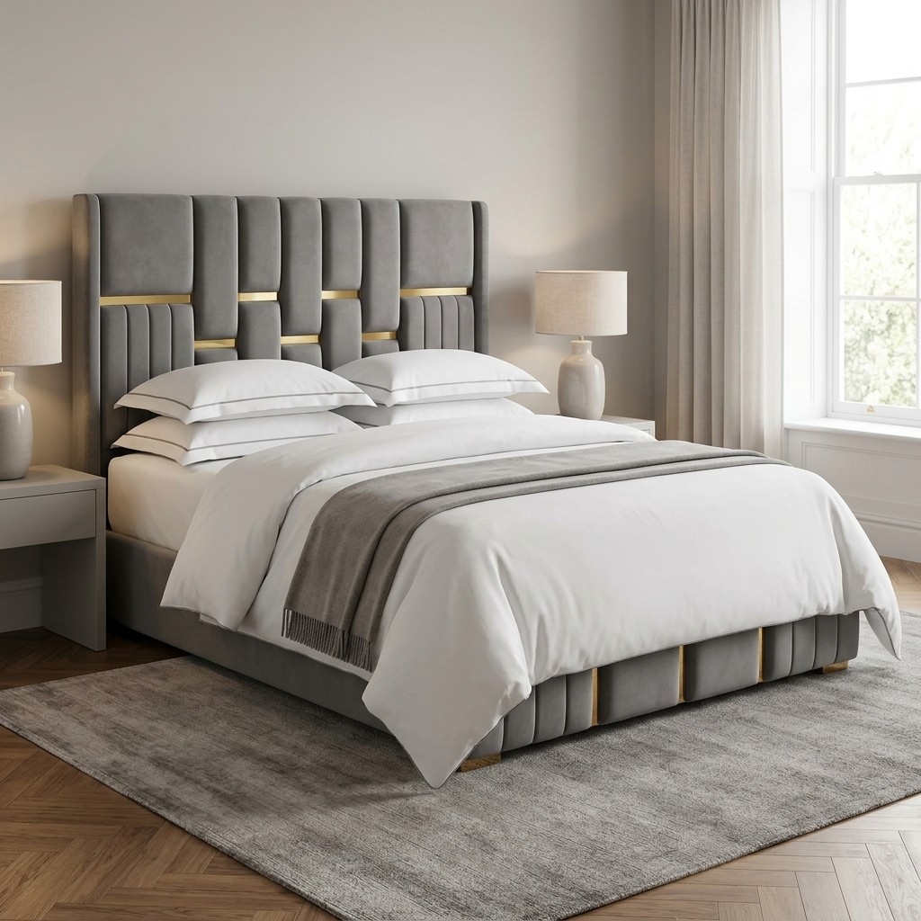 Cama 2 Plazas Tapizada Gris con Detalles Dorados