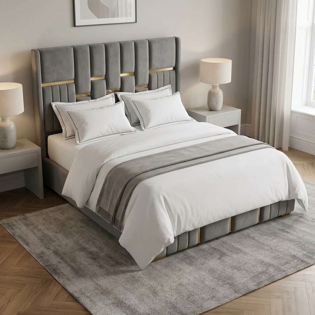 Cama 2 Plazas Tapizada Gris con Detalles Dorados