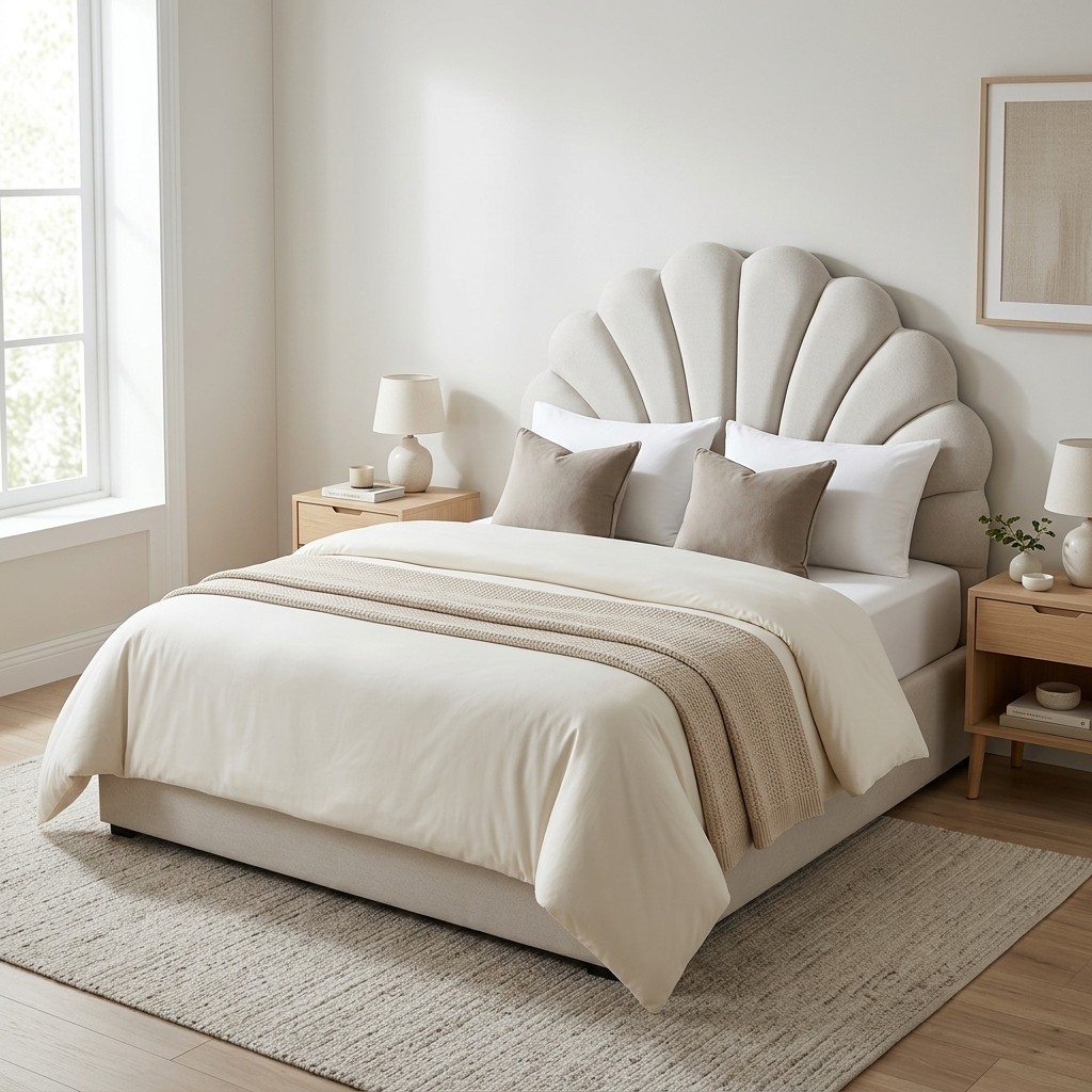 Cama 2 Plazas Tapizada Cabecero Concha Shell Beige