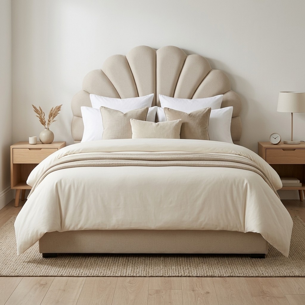 Cama 2 Plazas Tapizada Cabecero Concha Shell Beige
