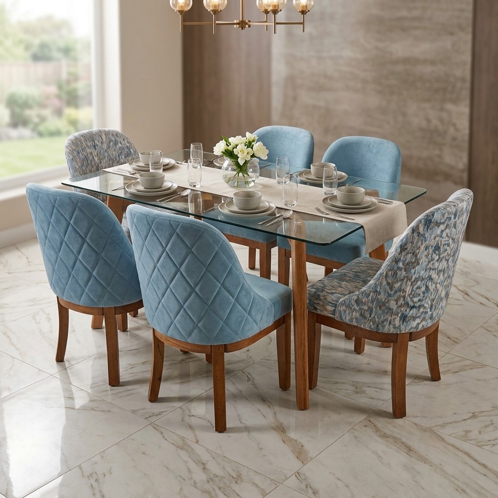 Juego De Comedor 6 Sillas Celeste Y Vidrio