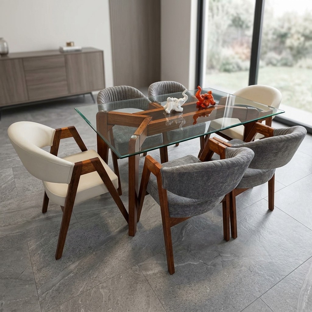 Juego de Comedor 6 Sillas Mesa de Vidrio y Madera