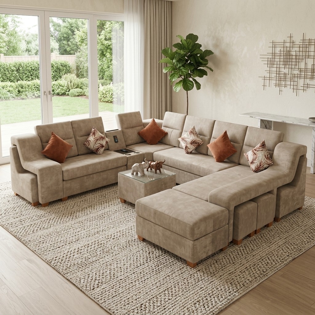 Juego de Sala Seccional Multifuncional Beige con Puffs