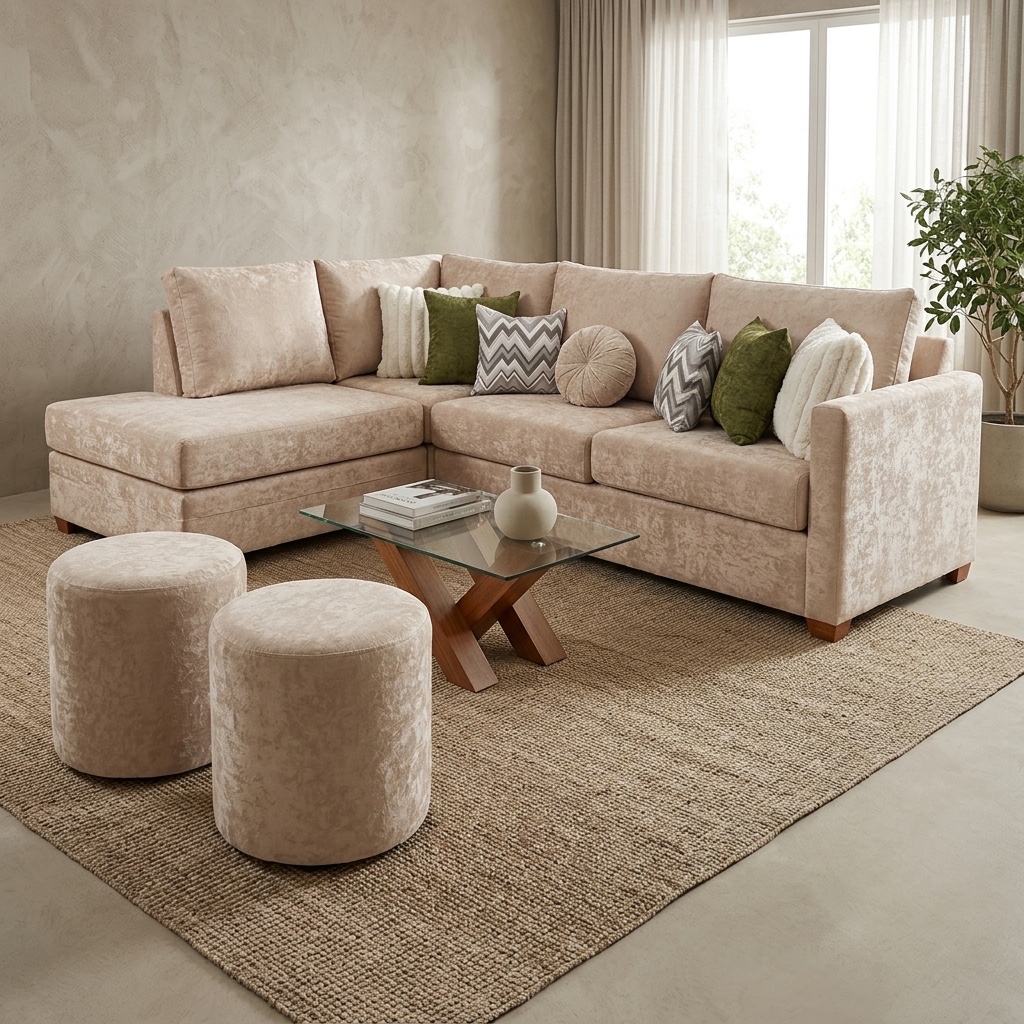 Juego de Sala Seccional Vairon + 2 Poufs Beige