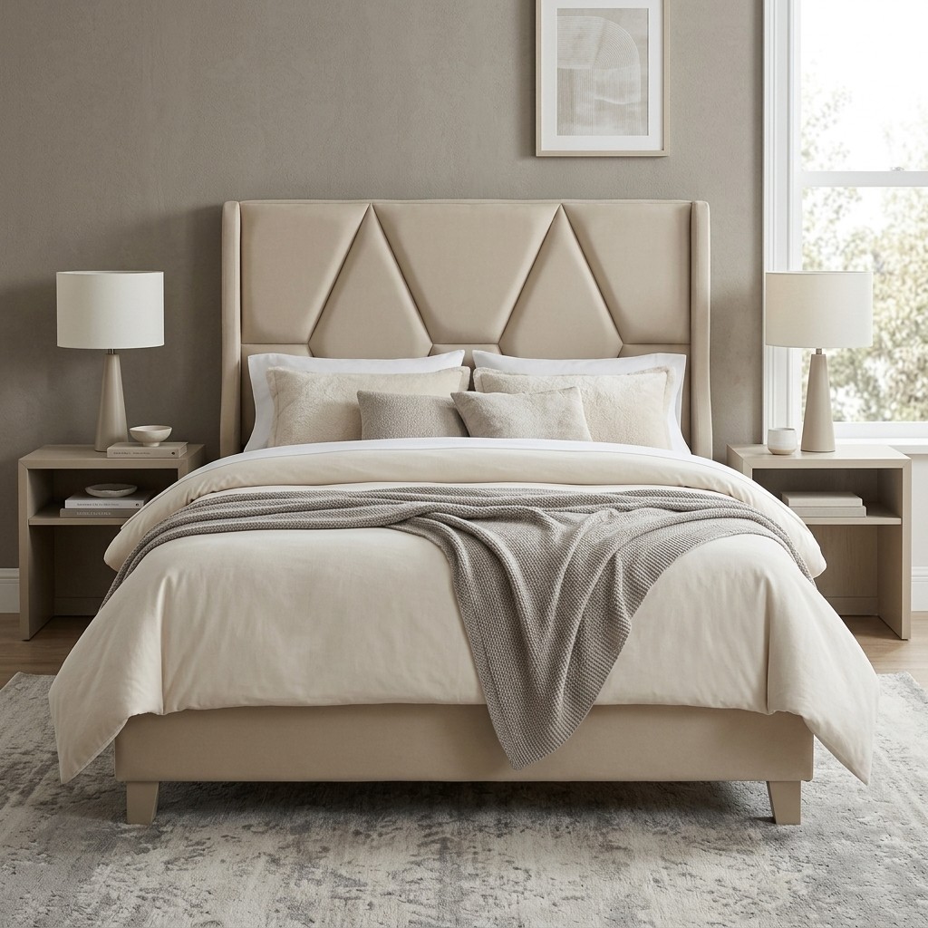 Cama Tapizada 2 Plazas con Cabecera Geométrica Beige