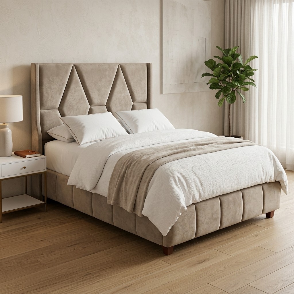 Cama Tapizada 2 Plazas con Cabecera Geométrica Beige