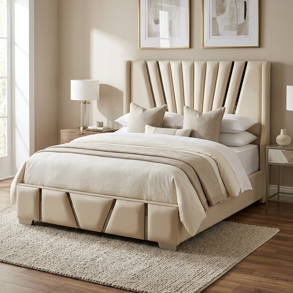 Cama Tapizada 2 Plazas Diseño Geométrico Beige