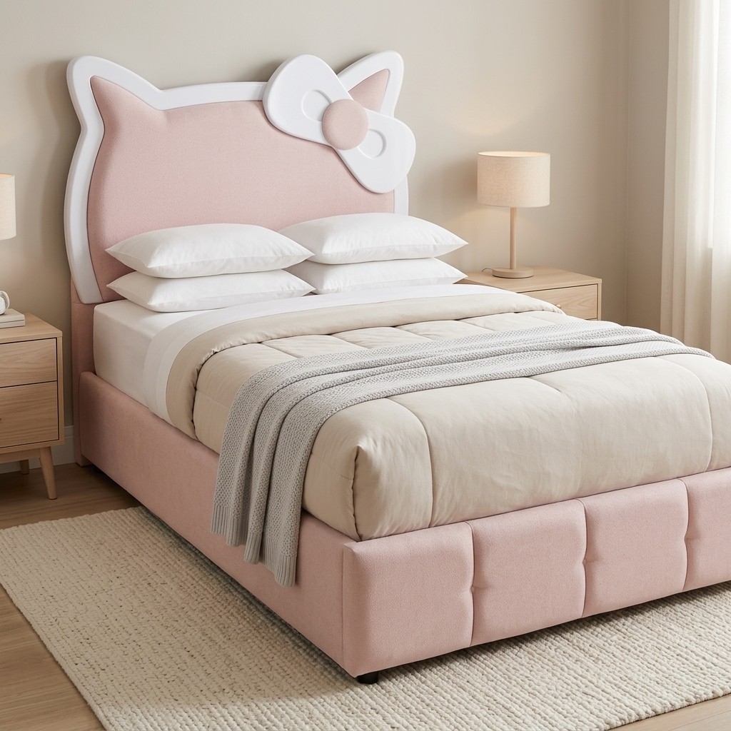 Cama Infantil 1.5 Plazas Diseño Gatita con Moño Rosa