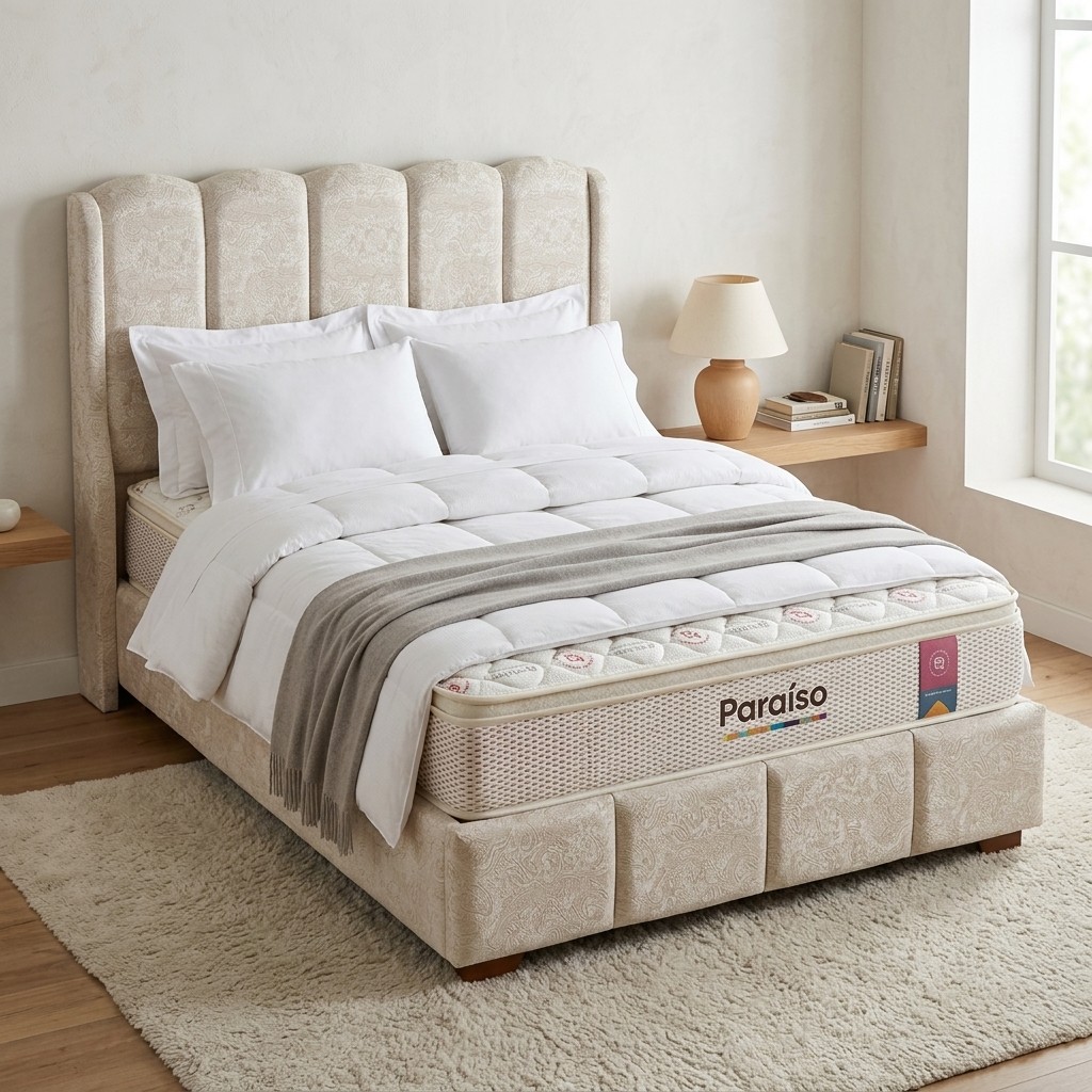 Cama Tapizada 2 Plazas con Cabecera Acanalada Beige
