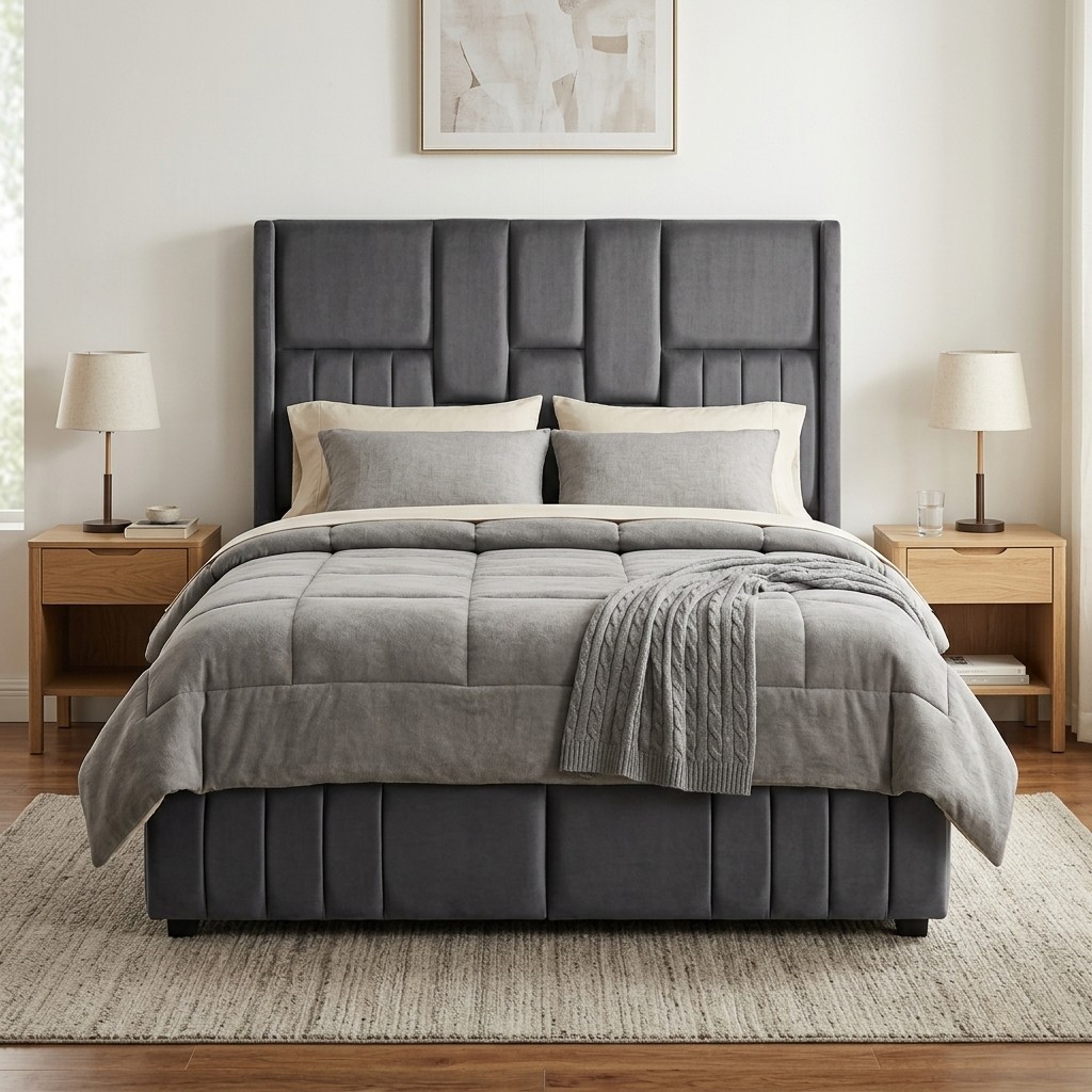 Cama Tapizada 2 Plazas con Cabecera Geométrica Gris