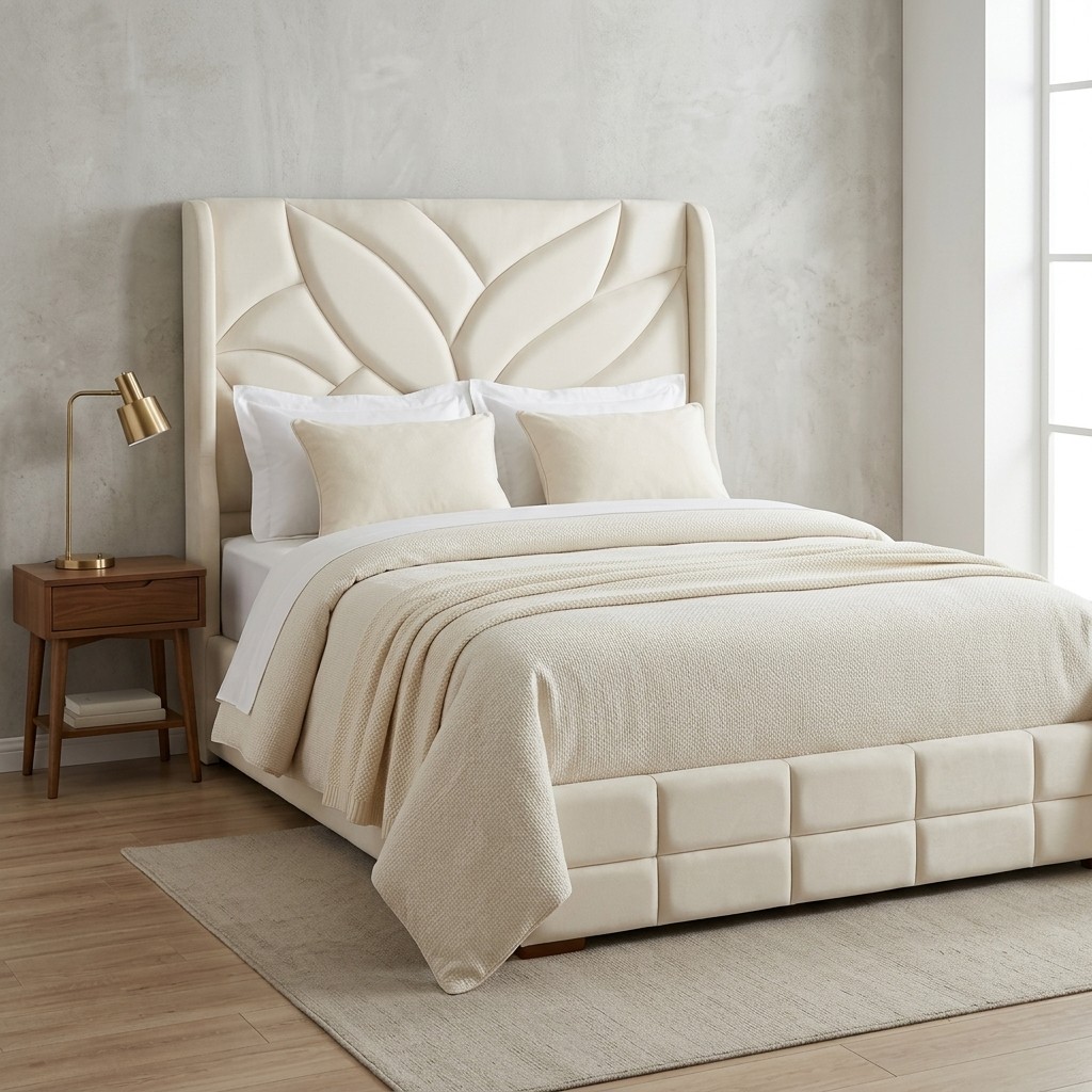 Cama 2 Plazas Tapizada Diseño Pétalos Elegante