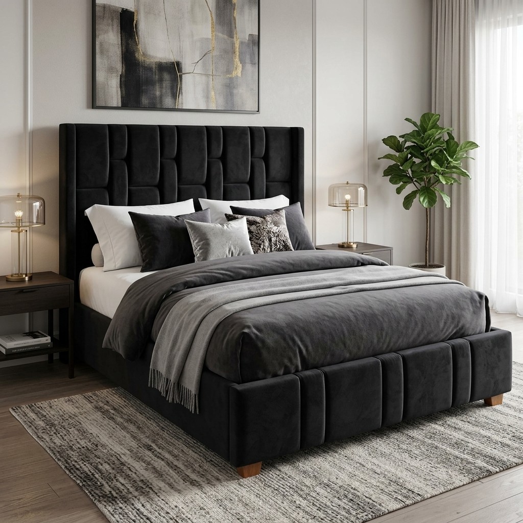 Cama Tapizada 2 Plazas Terciopelo Negro Acolchada