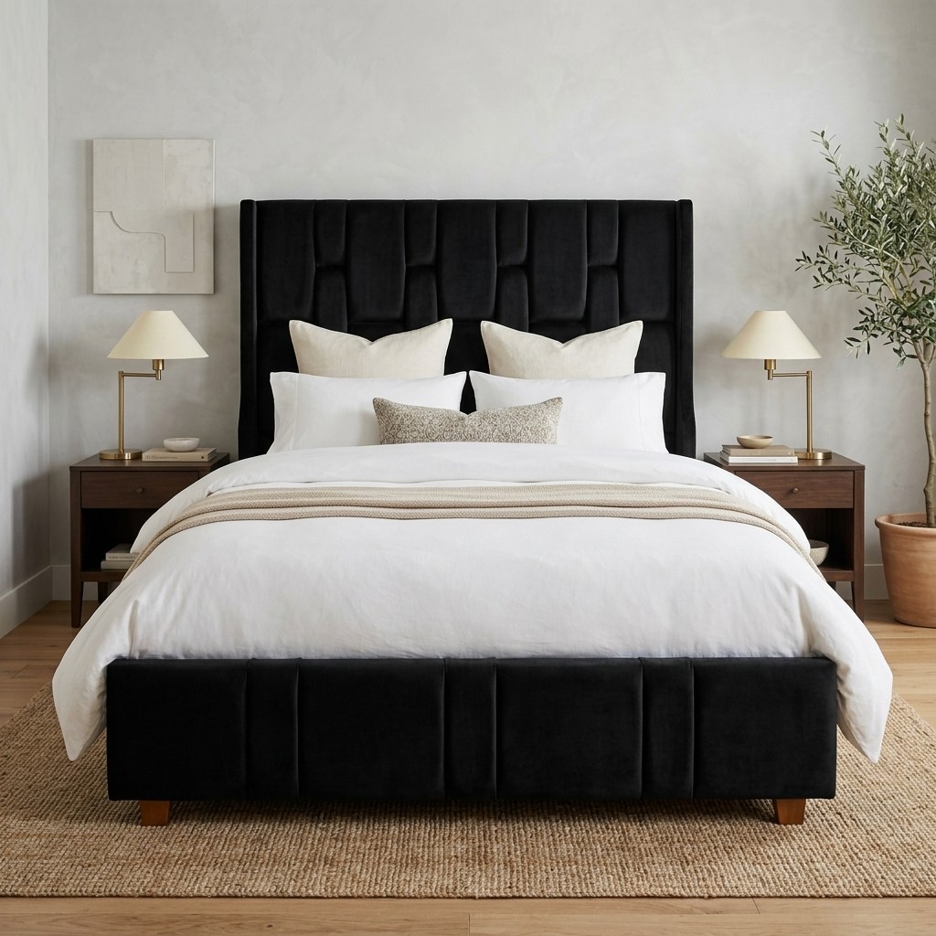 Cama Tapizada 2 Plazas Terciopelo Negro Acolchada