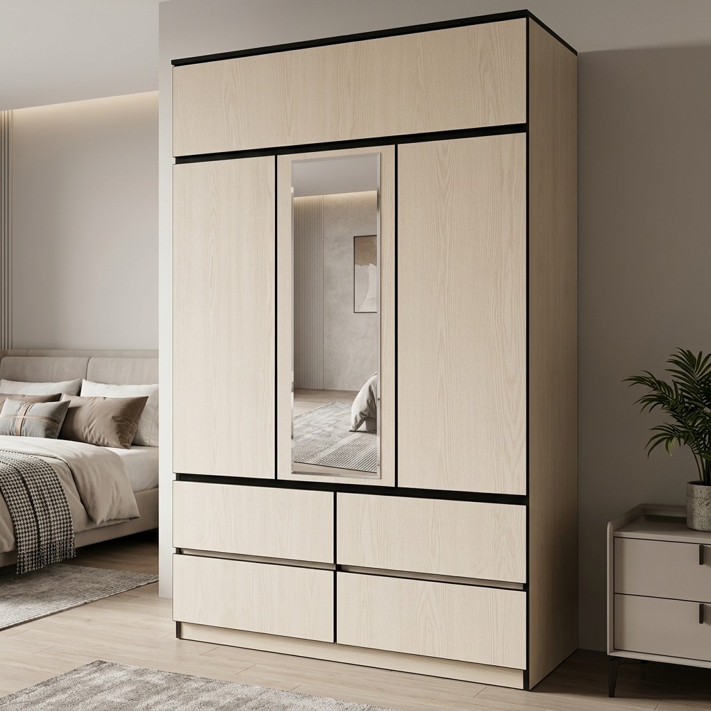 Ropero Closet Moderno 3 Puertas con Espejo y 4 Cajones
