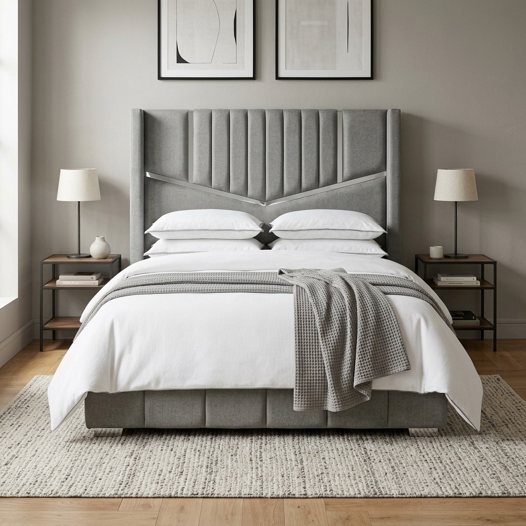 Cama 2 Plazas Tapizada Moderna con Cabecera Gris