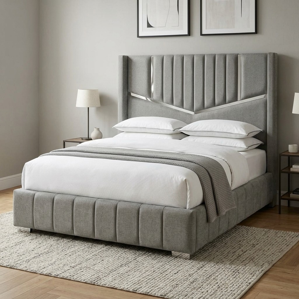 Cama 2 Plazas Tapizada Moderna con Cabecera Gris