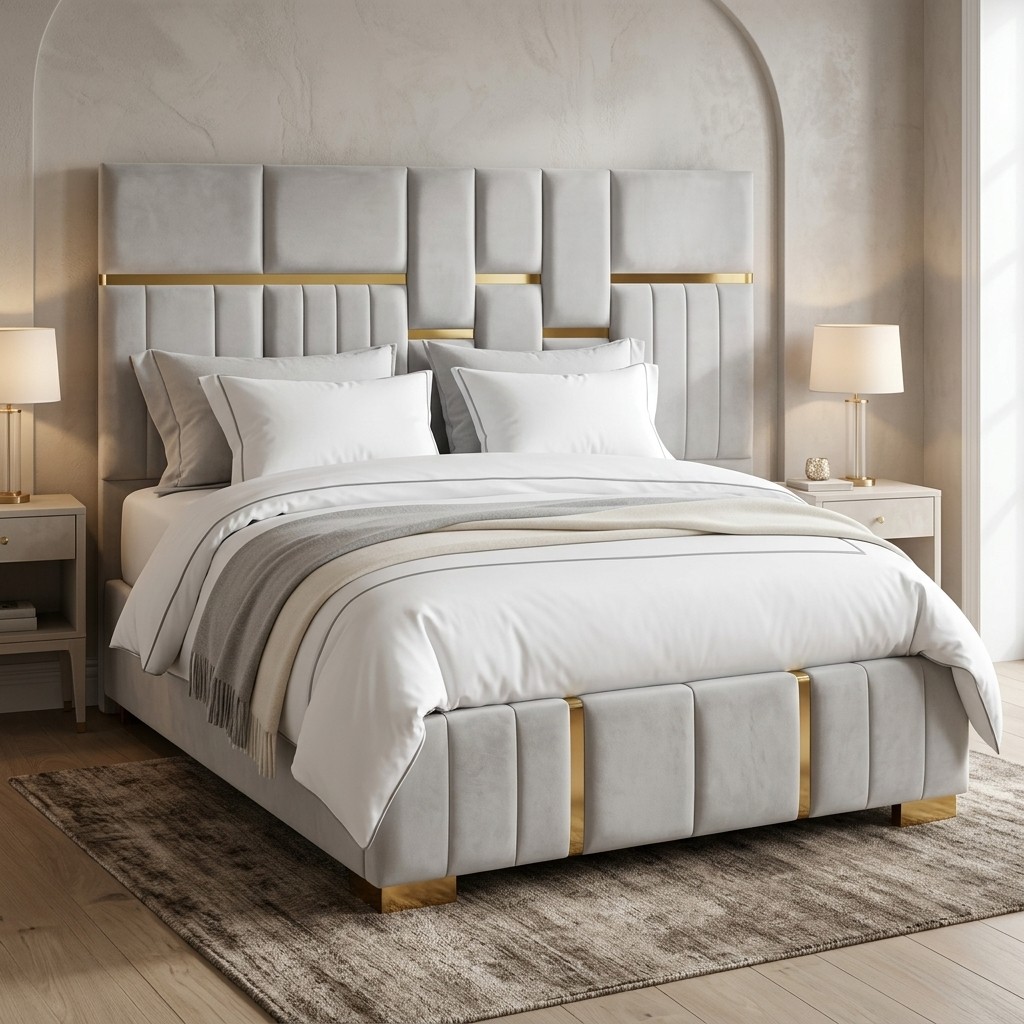 Cama Tapizada 2 Plazas Luxury Velvet Gris y Dorado