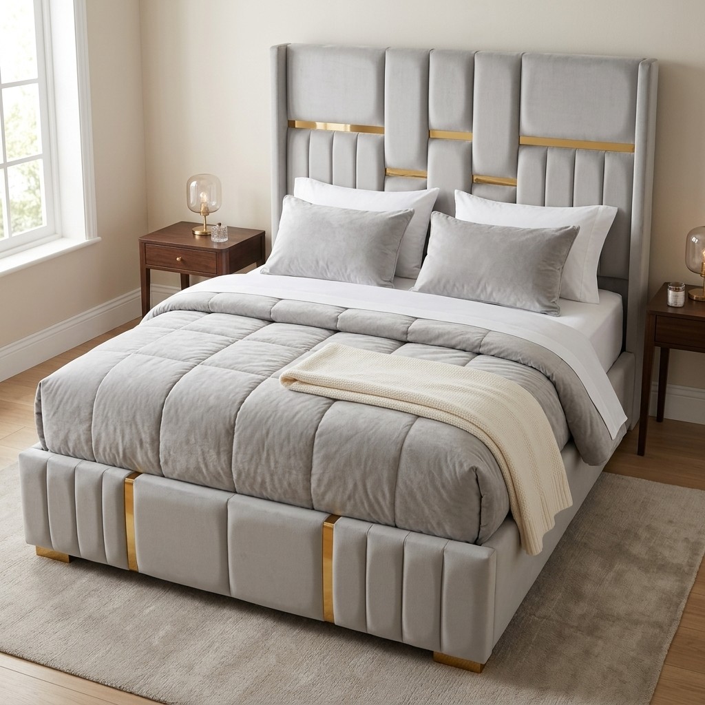 Cama Tapizada 2 Plazas Luxury Velvet Gris y Dorado