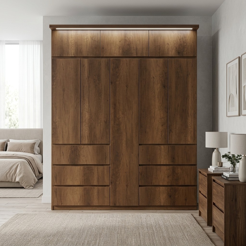 Ropero Closet 5 Puertas con Maletero y Cajones Roble